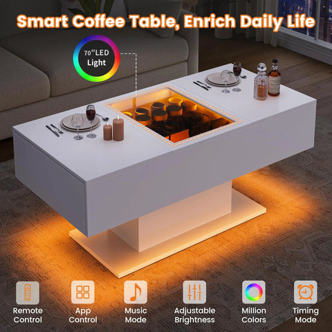 44 Inch LED Coffee Table With 3 Drawers, LED Lights, USB Charging Station And Flip Top Compartment illuminated in living room.