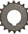 Beefy Roller Chain Coupling Half In Sintered Steel Shaft Joint One Inch Bore Diameter Three And Thirty Two Thousandths Inch One And One Eighth Inch Length Sixteen Teeth Keyway Quarter Inch By One Eighth Inch Simplex Sprocket Link Perpendicular Shafts Two, front view
