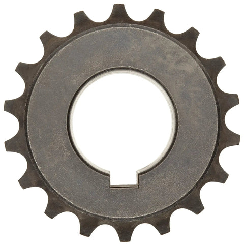 Beefy Roller Chain Coupling Half In Sintered Steel Shaft Joint One Inch Bore Diameter Three And Thirty Two Thousandths Inch One And One Eighth Inch Length Sixteen Teeth Keyway Quarter Inch By One Eighth Inch Simplex Sprocket Link Perpendicular Shafts Two, front view