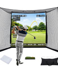 Golfer using 10x8 Ft Golf Practice Net With Impact Screen And Mat Beefy Steel Frame Hitting Net for Indoor Golf Simulator Training