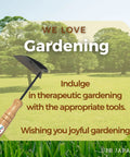 Nejiri Gama Hand Hoe Weeding Sickle for Gardeners with 9.8-inch stainless steel blade and ergonomic grip against a green garden backdrop.