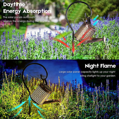 Solar Garden LED Light Watering Can Fairy Lights For Pathway Yard Lawn Patio Decor Outdoor Stake Light Sun Powered No Cord Needed Whimsical Garden Vibe With Romantic Twinkle And Easy Install on flower bed during day and night.
