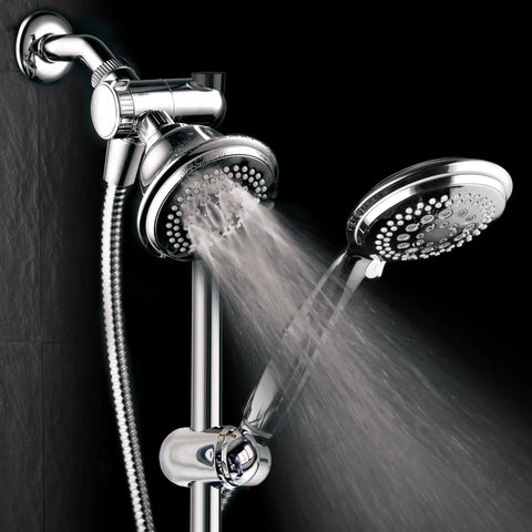 Three Way Shower Combo With No-Drill Instant Mount Slide Bar, Overhead And Handheld Heads, Height And Angle Adjustable Bracket, Stainless Steel Hose