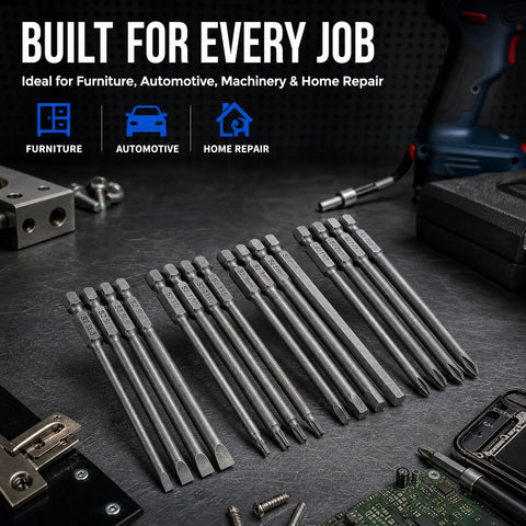Heavy Duty 4 In 1 Hex Phillips Slotted Security Torx Long Screwdriver Bits Set With Magnetic 16 Piece 1 4 Inch Hex Shank 4 Inch S2 Steel For Power Drill Impact Driver Tool Kit, organized on a work surface.