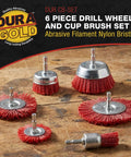 Six Piece Coarse Abrasive Nylon Bristle Cup Brush Set With 1/4 Inch Hex Shank for Angle Grinders displayed on wooden surface
