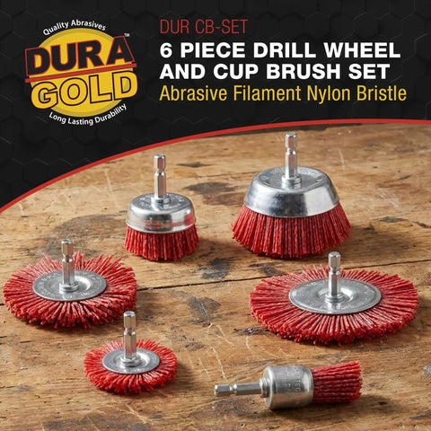 Six Piece Coarse Abrasive Nylon Bristle Cup Brush Set With 1/4 Inch Hex Shank for Angle Grinders displayed on wooden surface