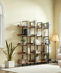 5 Tier Industrial Bookcase With Black Metal Frame Brown Finish Space Saving Storage Organizer For Bedroom Living Room Study Home Office Vintage Vibe Bookshelf To Tidy Your Space Measures 70.9 X 10.2 X 70.7 Inches in a living room setting