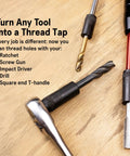 Tap Socket Wrench 8 Piece Adapter Set For Quick Threading And Ultra Secure Taps Fits All Number And Fractional Standard Taps Easy Storage Organization Durable Designed In The USA displayed with tools on wooden surface