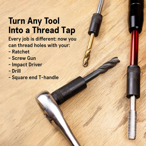Tap Socket Wrench 8 Piece Adapter Set For Quick Threading And Ultra Secure Taps Fits All Number And Fractional Standard Taps Easy Storage Organization Durable Designed In The USA displayed with tools on wooden surface