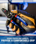 Gloved hand holding compact wire stripper and cutter for slick electrical work with precision shear blades and double dipped grip.
