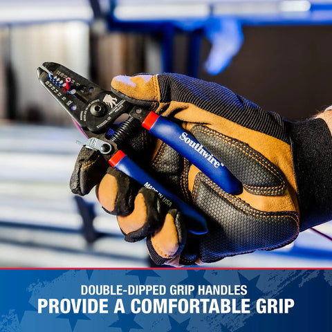 Gloved hand holding compact wire stripper and cutter for slick electrical work with precision shear blades and double dipped grip.