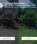 Split view of traditional night vision versus color night vision from 3MP 2K Window Camera with color details visible.
