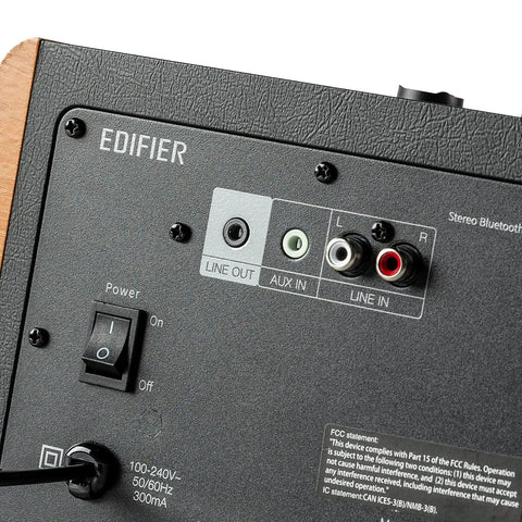 Back panel of Dope Desktop Bluetooth Speaker Set With 70W RMS, Wooden Enclosure For Rich Warm Sound, showing RCA, AUX, line out inputs