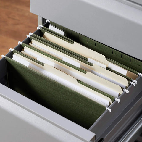 Heavy Duty Green Hanging File Folders With Adjustable Tabs And Removable Label Inserts For Standard Letter Size Papers in file drawer.