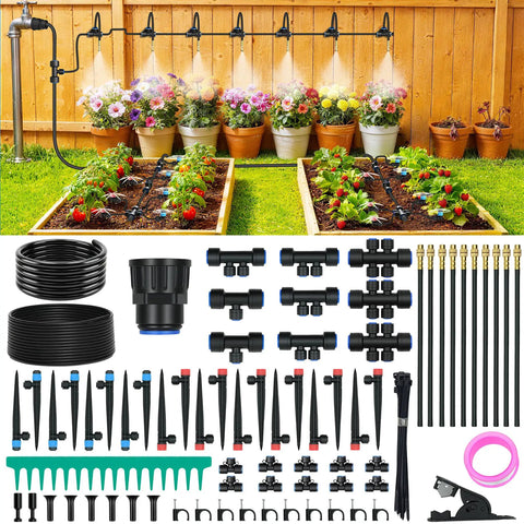 100Ft Drip Irrigation Kit With 3 Adjustable Emitters For Mist, Stream And Vortex Watering, Quick Connect PE Tubing components