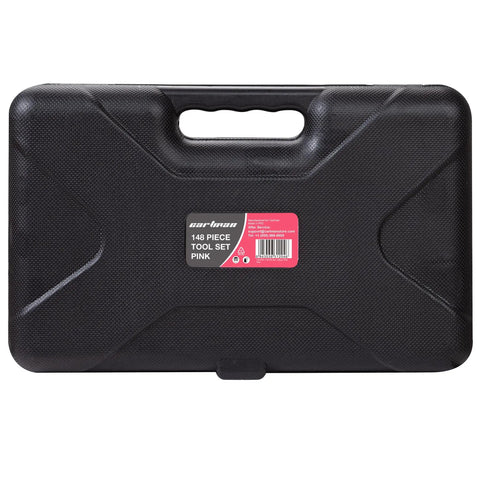Black plastic storage case of 148 Piece General Household Tool Set With Pink Plastic Toolbox Storage Case For DIY Home Repairs And Craft Projects