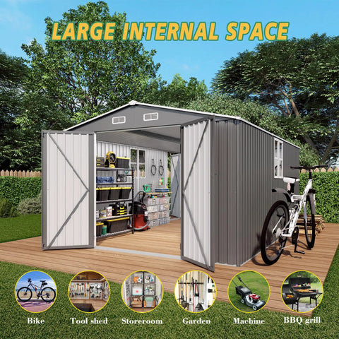 10x14 Foot Galvanized Steel Outdoor Storage Shed With Lockable Door And Window Waterproof Garden Tool Storage for Backyards