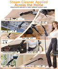 Heavy Duty Handheld Steam Cleaner Getting Every Stain Out With 3 Level Adjustable Handle And 18 Piece Accessory Kit For Zero Drama Deep Cleaning On Floors Matte Black in use on various surfaces like sofa and floor.