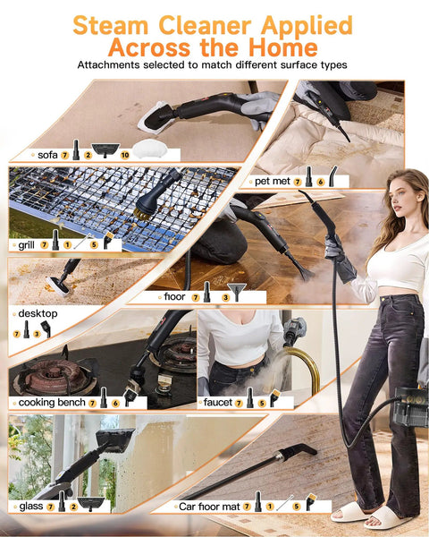 Heavy Duty Handheld Steam Cleaner Getting Every Stain Out With 3 Level Adjustable Handle And 18 Piece Accessory Kit For Zero Drama Deep Cleaning On Floors Matte Black in use on various surfaces like sofa and floor.