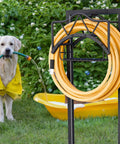 Heavy Duty Outdoor Garden Hose Holder With 5 Spikes And Basket, Freestanding Metal Hose Stand With 2 Support Bars, Black