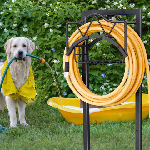 Heavy Duty Outdoor Garden Hose Holder With 5 Spikes And Basket, Freestanding Metal Hose Stand With 2 Support Bars, Black
