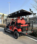 Premium 4 Plus 2 Seater Electric Golf Cart Featuring 48V Lithium Battery And Integrated Solar Panel rear view with red seats and solar top.