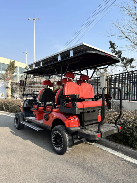 Premium 4 Plus 2 Seater Electric Golf Cart Featuring 48V Lithium Battery And Integrated Solar Panel rear view with red seats and solar top.