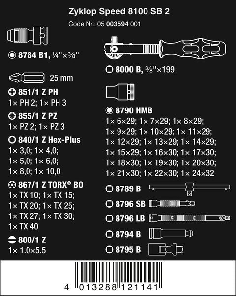 Diagram showing components of Three Eighths Inch Ratchet Set With Eighteen Metric Sockets Two Flexible Lock Extensions Short And Long Sliding T Handle Universal Joint Wobble Extension Adapter And Eighteen Bits All In One Tool That Feels Like Five Ratchets