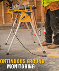 Worker using heavy duty outdoor lighted extension cord 50 foot 12/3 SJTW on job site with tools and construction materials.