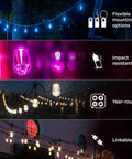 Smart Vintage Cafe String Lights with WiFi and Bluetooth Control for outdoor patio, multicolor bulbs, impact resistant, year-round use.