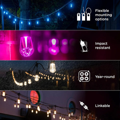 Smart Vintage Cafe String Lights with WiFi and Bluetooth Control for outdoor patio, multicolor bulbs, impact resistant, year-round use.