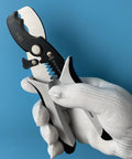 Pro Grade All In One Wire Cutters And Stripper For Pros 8 Inch Heavy Duty Cable Cutters with gloved hand on blue background