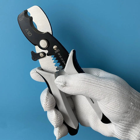 Pro Grade All In One Wire Cutters And Stripper For Pros 8 Inch Heavy Duty Cable Cutters with gloved hand on blue background