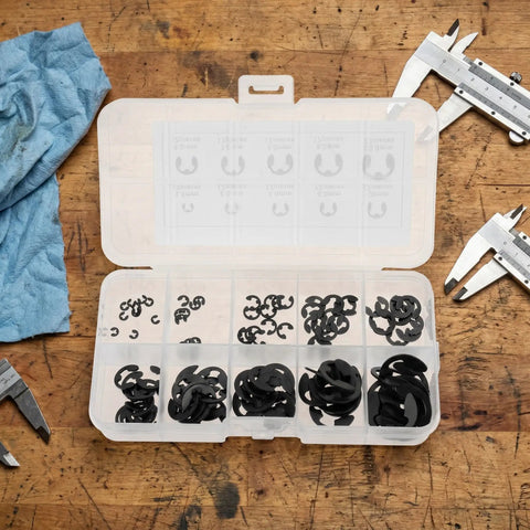 120 Piece E Clip Assortment Kit With Beryllium Bronze External Retaining Rings, 10 Sizes From M1.5 To M10 Circlip Snap Ring Set in a box
