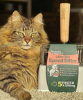 5X Faster No Shake Metal Cat Litter Scoop With Stainless Steel Sifting Design And Holder next to fluffy brown cat on carpet