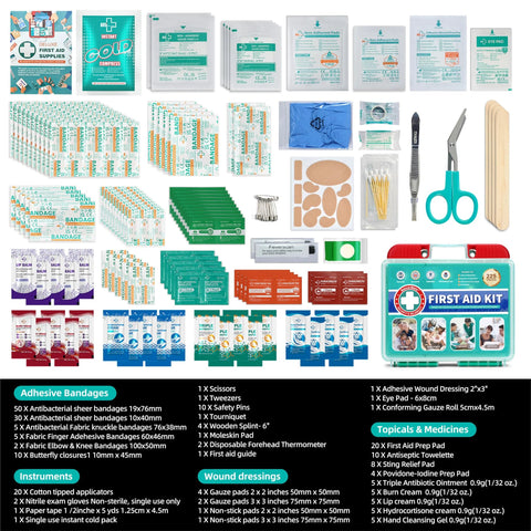 SuccorWare 225-piece first aid kit in teal case with ice pack, adhesive bandages, gauze pads, scissors and tweezers.