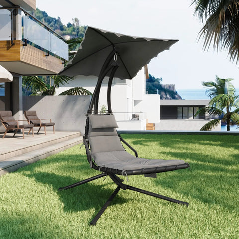Chaise Lounger Swing Chair With Umbrella Canopy For Outdoor Patio And Indoor Use Hanging Lounge With Stand Curved Steel Outdoor Chair