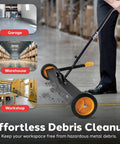 Heavy Duty Rolling Magnetic Sweeper Workhorse With Adjustable Handle Mega Pull Yard Boss Gear For Scrap Pickup And Garage Cleanup Solid Steel Frame 36 Inch Wide Magnet in a garage setting.