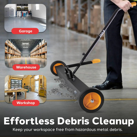 Heavy Duty Rolling Magnetic Sweeper Workhorse With Adjustable Handle Mega Pull Yard Boss Gear For Scrap Pickup And Garage Cleanup Solid Steel Frame 36 Inch Wide Magnet in a garage setting.