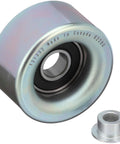Front view: Gates DriveAlign belt drive idler pulley, zinc-plated metal with sealed bearing and spacer