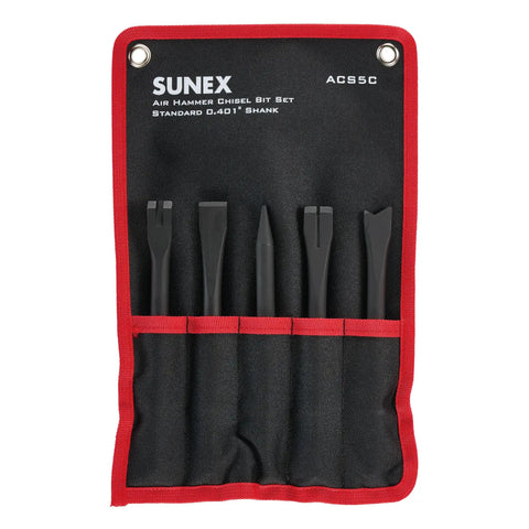 Air Hammer Chisel Set 7 Inch Cutting Kit In Portable Tool Roll 5 Piece With Beefy Chamfer Design Extending Chisel Life By 50 Percent Durable Steel Bits For Demolition And Metalworking displayed in red and black pouch