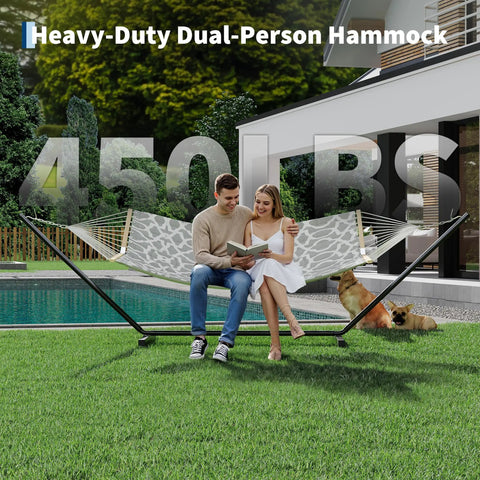 Two Person Hammock With Adjustable Steel Stand And Pillow For Easy Outdoor Lounging, Heavy Duty Portable Set, Handles Up To 450 Lbs, Perfect For Patio Garden Beach Backyard Camping And Chill Sessions, showing couple relaxing by pool