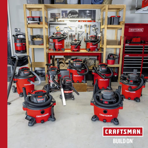 Professional 20 Gallon Wet Dry Shop Vacuum With Six Point Five Peak Horsepower displays multiple units in a garage setup.