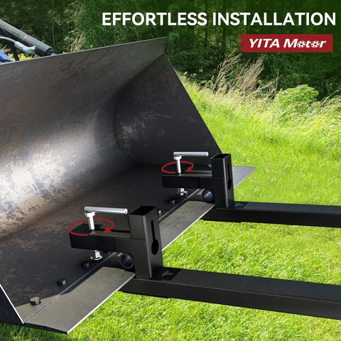 60 Inch Clamp On Pallet Forks With Adjustable Stabilizer Bar For Tractor Buckets And Skid Steers Heavy Duty 2000 Lbs Capacity Quick Attach Forks shown attached to tractor bucket, highlighting easy installation on grass background.