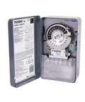 Indoor 40 Amp Mechanical Timer For Lighting And Appliances, 24 Hour Programming, gray open front view showing timer dial and instructions