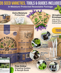 35 Medicinal And Tea Herb Seeds Variety Pack For Indoor And Outdoor Planting With 16,335+ Non GMO Heirloom Seeds, tools shown.