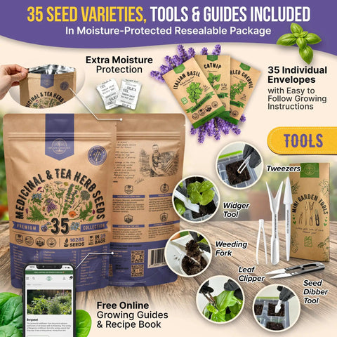 35 Medicinal And Tea Herb Seeds Variety Pack For Indoor And Outdoor Planting With 16,335+ Non GMO Heirloom Seeds, tools shown.