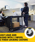 Top Tier Heavy Duty Two Shelf Utility Cart With Durable Structural Foam Lipped Trays And Smooth Glide Handles 500 Lb Capacity used in an office for loading supplies.