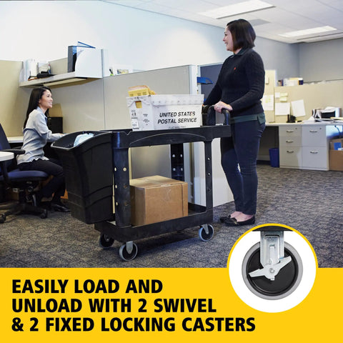 Top Tier Heavy Duty Two Shelf Utility Cart With Durable Structural Foam Lipped Trays And Smooth Glide Handles 500 Lb Capacity used in an office for loading supplies.