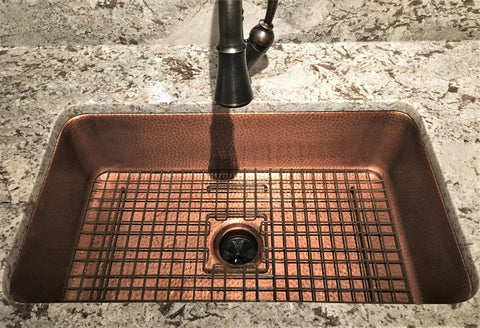 Fuller Copper Sink Bottom Grid With Antique Brown Vinyl Coating for Rosa and Renoir Copper Sinks in kitchen setup